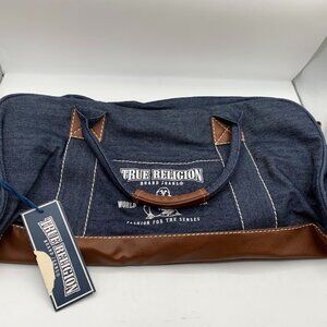 True Religion denim blue jean leather large travel duffle bag